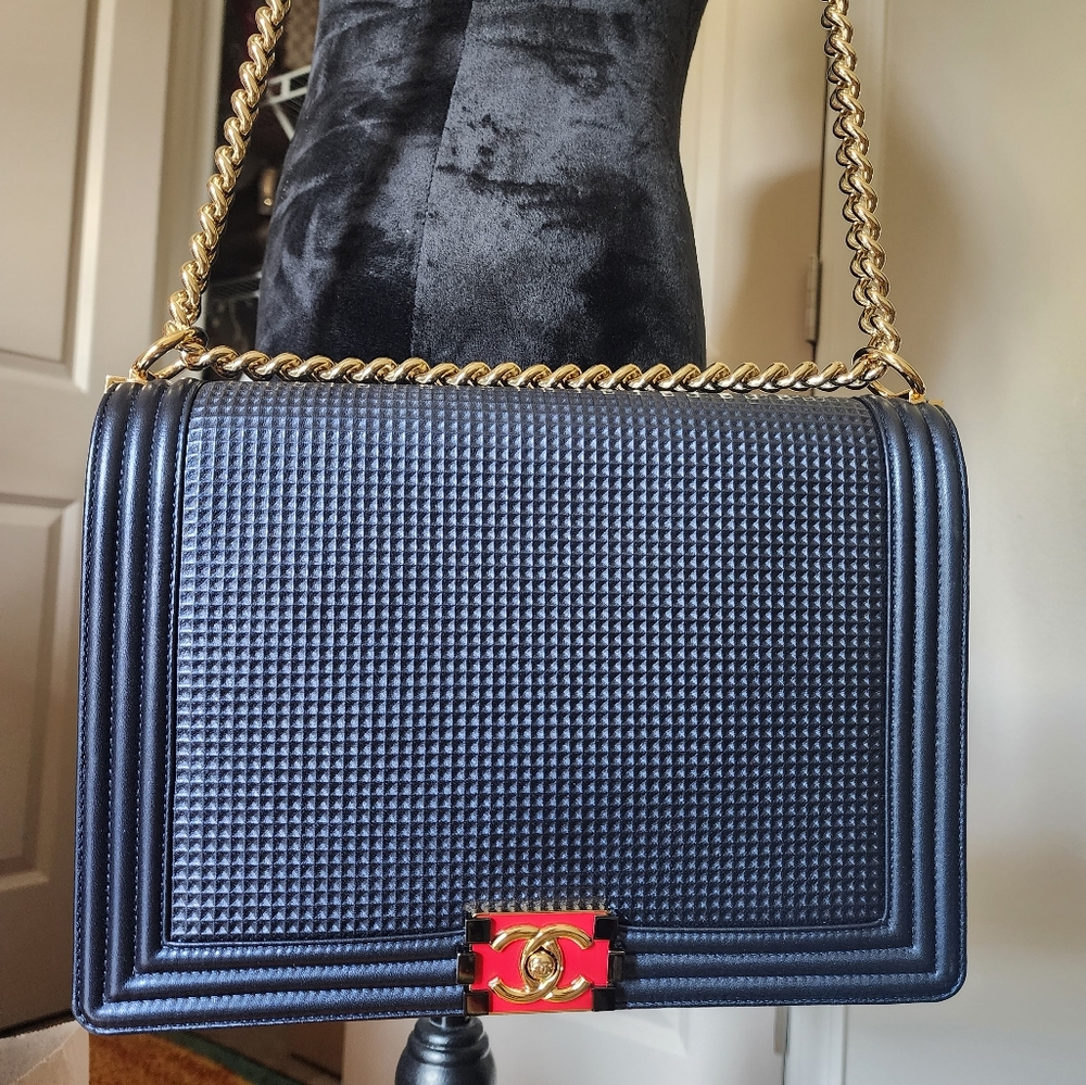 Elegant Chanel Leboy Navy Blue Cube 30cm Shoulder Bag